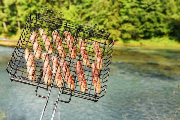 Carne Assortita Pollo Maiale Alla Griglia Cucinata Durante Giornata Estiva — Foto Stock