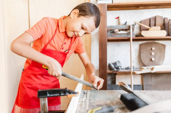 Little Talented Genius Boy Works Wood Carpentry Workshop Concept Learning — Stock Photo, Image