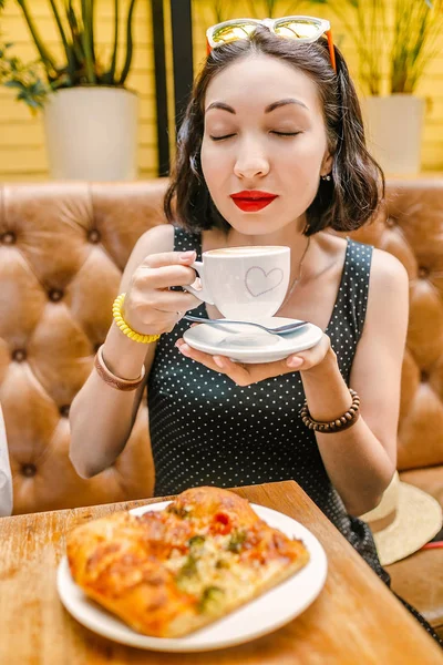 Woman Eating Focaccia Pizza Coffee Wooden Table Cafe — Stock Photo, Image