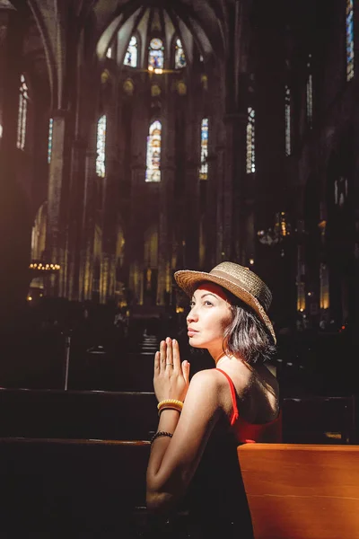 Woman Seating Dark Interior Church Religion Concept — Stock Photo, Image