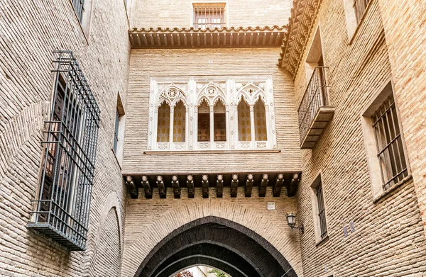 Gothic balcony and arch hidden place in old town of Zaragoza, Spain