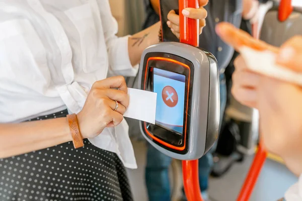 Woman Trying Validate Electronic Ticket Public Transport Machine Denial Read — Stock Photo, Image