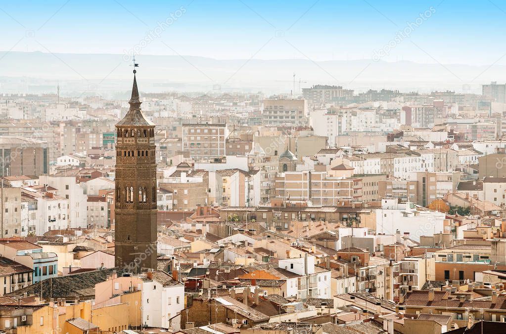 Mudejar style tower Iglesia San Pablo in Zaragoza, Spain