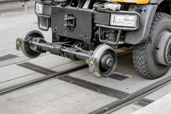 Tram Line Track Maintenance Vehicle Doing Rail Repair Cleaning — Stock Photo, Image