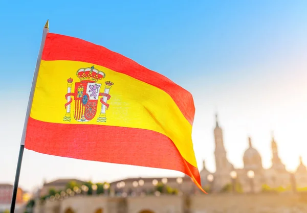 Catedral Zaragoza Con Bandera España Atardecer España — Foto de Stock