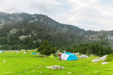 21 Temmuz 2018, Puigcerda, İspanya: kamp çadırları, yaz saati, dağ çayır