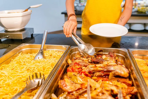 Woman Choosing Picking Various Snacks Dishes Table Buffet Hotel Restaurant — Stock Photo, Image