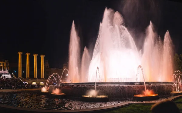 Espectáculo Luces Magic Montjuic Fountain Por Noche Cerca Plaza España — Foto de Stock