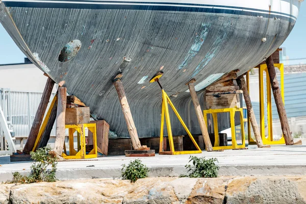 Fishing Boats and small yachts during maintenance in dry dock — Stock Image Fishing Boats Small Yachts Maintenance Dry Dock Royalty Free Stock Photos
