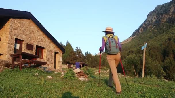 Aktivní Turista Žena Chodí Cestu Vedoucí Turistické Přístřeší Horách — Stock video