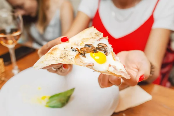 Eating Tasty Pizza Closeup Quail Egg — Stock Photo, Image