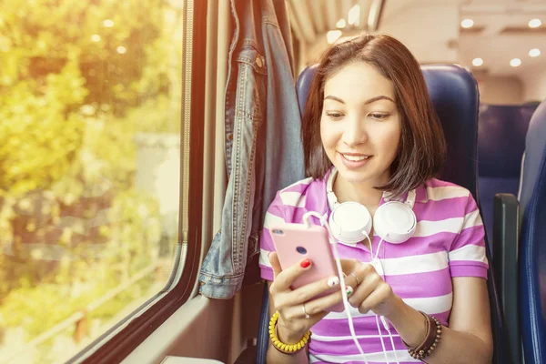 Young Asian Woman Listens Music Podcast Chatting Using Internet Her — Stock Photo, Image