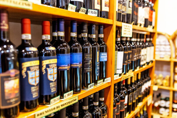 17 OCTOBER 2018, PIENZA, ITALY: Montalcino wines for sale at local market in Tuscany