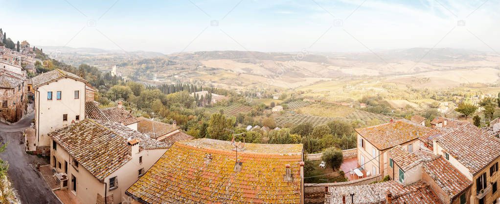 Panoramic view from the medieval town of Montepulciano to the Tuscany landscapes