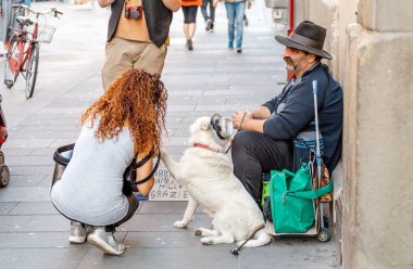 19 Ekim 2018, Floransa, İtalya: sevimli köpek ve sokakta dilenci