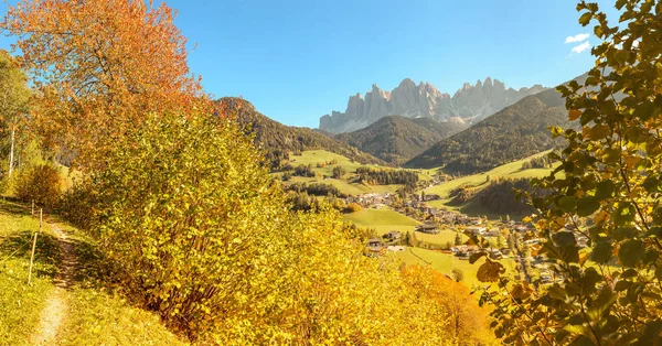 Funes Valley Italian Dolomites Alps Yellow Tree Foreground Travel European — Stock Photo, Image