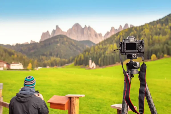 Fényképezés Tájak Hegyekben Funes Völgyben Dolomitok Mesterkurzus Képzés — Stock Fotó