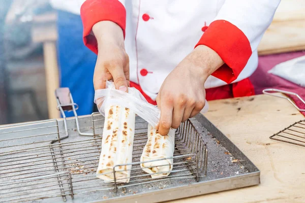 Chief Hands Wrapping Traditional Shawarma Roll Meat Vegetables — Stock Photo, Image