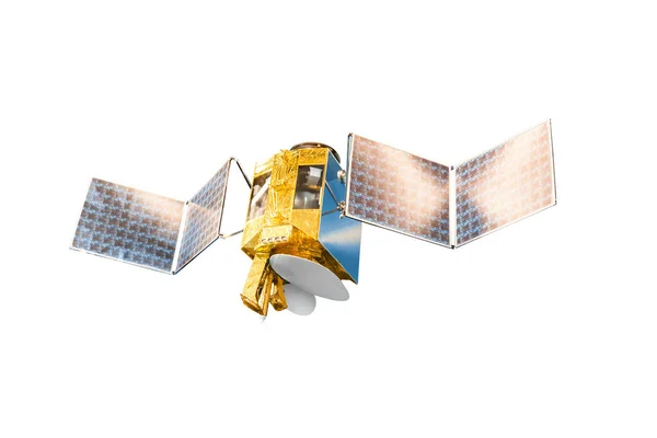 Satellite with solar panels isolated on white, internet communication and space systems concept