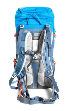 Modern hiking sırt çantası üzerinde beyaz izole. Trekking teçhizatları kavramı