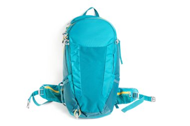 Modern hiking sırt çantası üzerinde beyaz izole. Trekking teçhizatları kavramı
