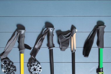 Düz yatıyordu yukarıdan birçok yürüyüş ve Kayak Polonyalılar kümesi ahşap arka plan üzerinde