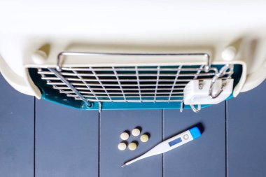 Taşıyıcı için a evde beslenen hayvan tıbbi bir termometre ve hapları ile. Kavramı 