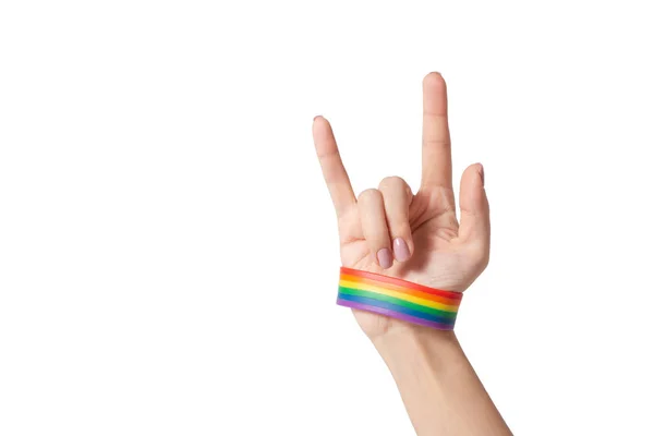 Isolated hand gesture with rainbow gay pride bracelet — Stock Photo, Image