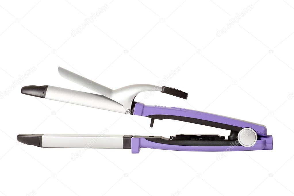 Coiffure curling iron device isolated on white background. Hairs