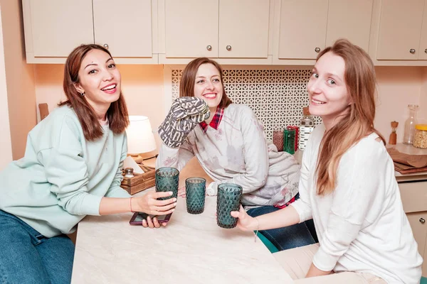 Grupo de amigos felices brindando y divirtiéndose en casa o cafetería — Foto de Stock