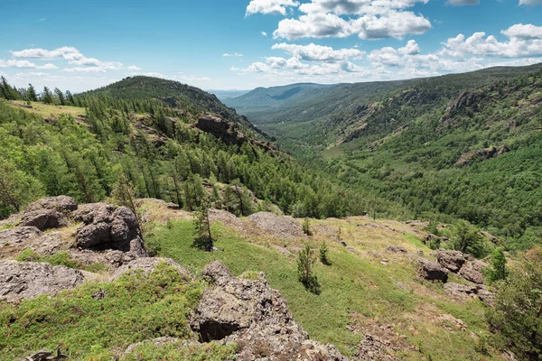 Táj, alacsony hegyek borított erdei természetvédelmi rezervátum — Stock Fotó