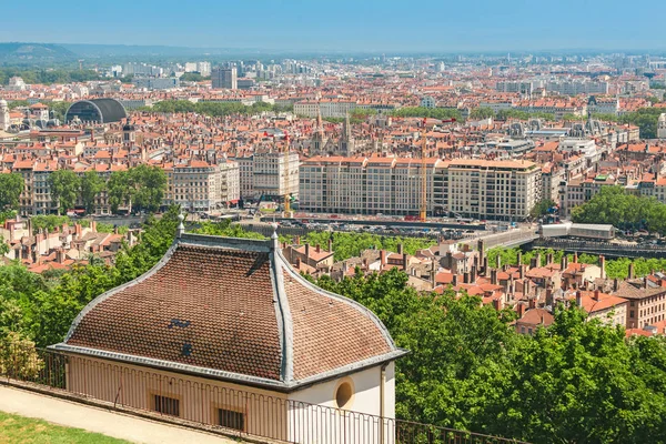 Aerial scenic view of a Lyon city center with orange roofs and skyscrapers — Stock Photo, Image