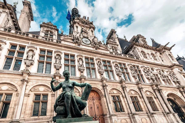 View of the town Hall Hotel de Ville in Paris. Travel attractions and destinations in France. Nowadays this building houses the municipal authorities