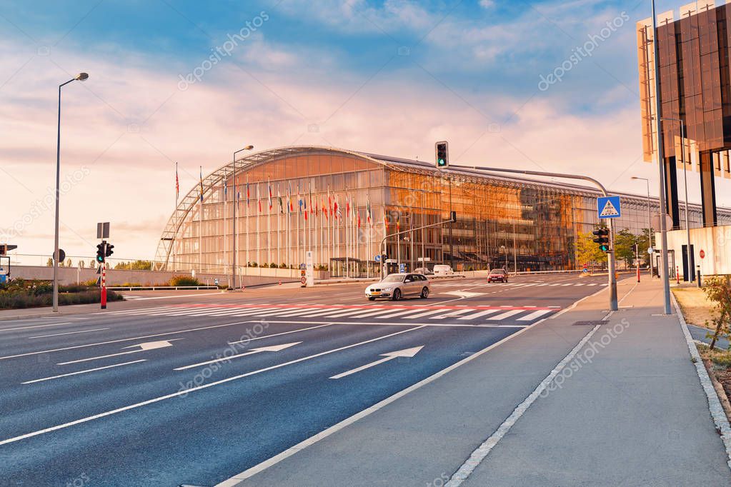 1 August 2019, Luxembourg: The building of the European Investment Bank in Luxembourg. The concept of political and economic institutions of the European Union