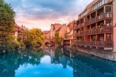 Panoramic view of the ancient architecture of residential houses on the banks of the Pegnitz river in Nuremberg