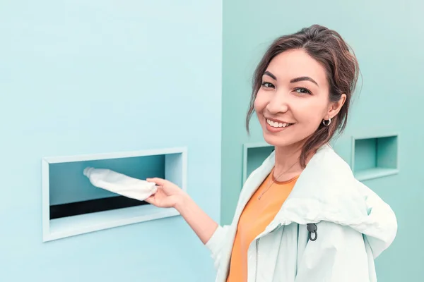 Smiling Girl Passes Plastic Bottle Recycling Waste Collection Point Concept — Stock Photo, Image