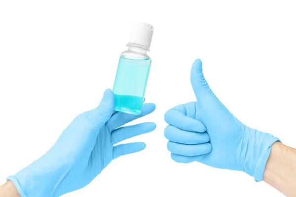 Μεμονωμένο Χέρι Γάντια Χρησιμοποιεί Ένα Υγρό Απολυμαντικό Βάση Αλκοόλ Καθαριστικό — Φωτογραφία Αρχείου