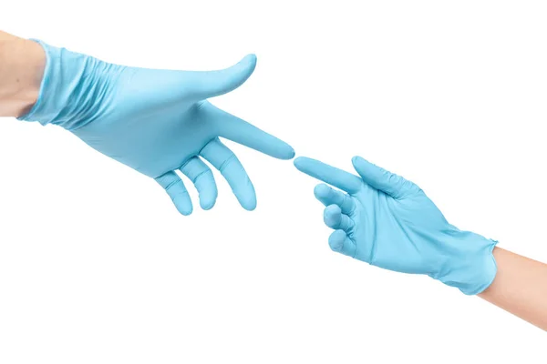 Two Hands Protective Medical Gloves Reach Out Each Other Almost — Stock Photo, Image