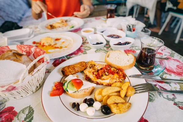 Rustic Turkish Breakfast Served Hotel Morning — Stock Photo, Image