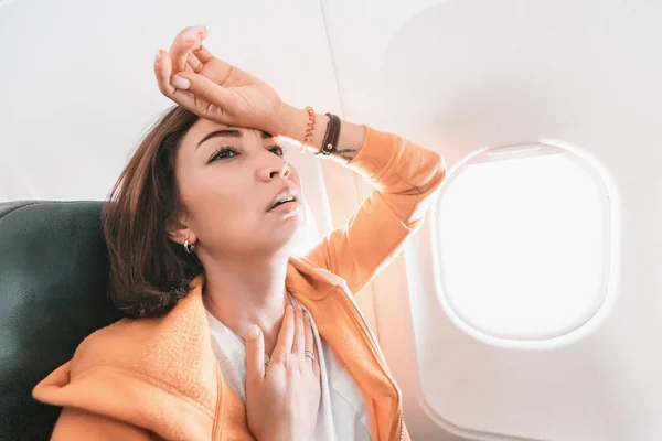 Suffocating Asian Woman Flying Airplane Suddenly Felt Strong Attack Migraine — Stock Photo, Image