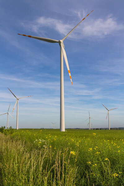 Eco power. Wind farm. Renewable energy resources. Wind turbine field in Poland
