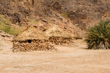 Sahra Çölü. Tuareg köyü. Idaran 'da geleneksel Zeriba, Idaran Kanyonu' nda geçici olarak kullanılan Tuareg köyü, Iherir, Tassili n 'Ajjer Ulusal Parkı, Unesco Dünya Mirası Alanı, Cezayir, Kuzey Afrika. 