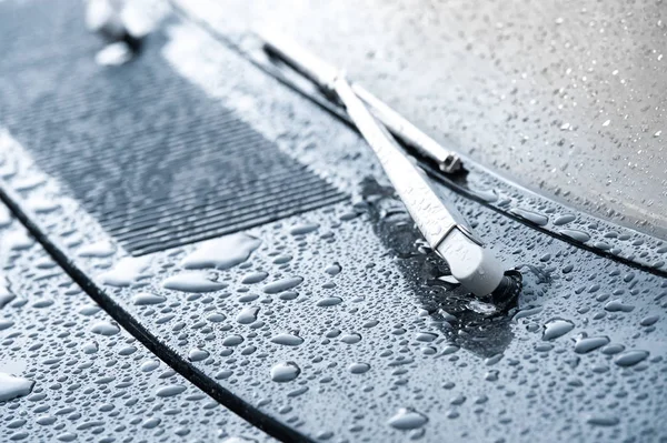 Pióro Wycieraczki Pojazdu Kapturem Pokryte Deszczu — Zdjęcie stockowe
