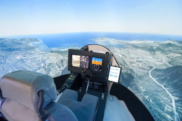 Pilotenblick Aus Dem Inneren Eines Modernen Hubschrauberflugsimulators — Stockfoto