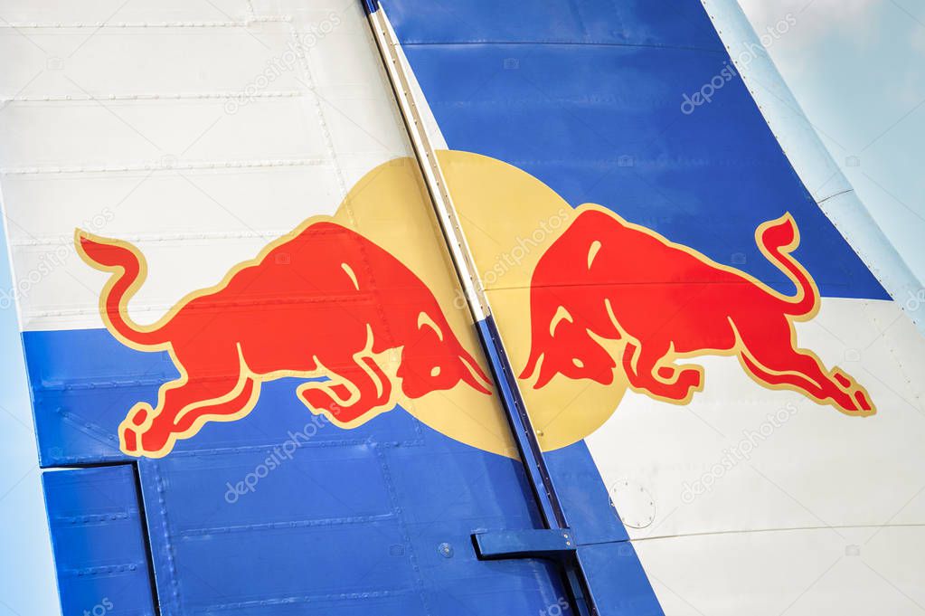 Farnborough, UK - July 21, 2018: Close-up of the Red Bull energy drink company design on an aircraft tail fin at a trade event in Farnborough, UK