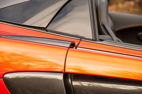 Close Bright Orange Bodywork Panel Luxury Sports Car — Stock Photo, Image