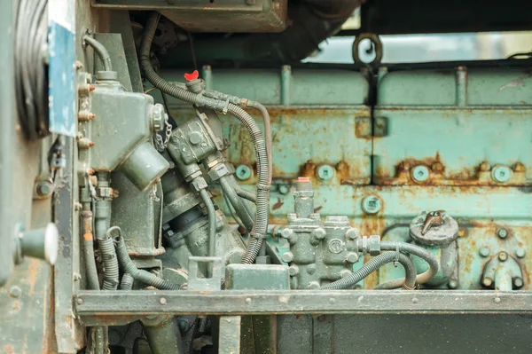 close-up of a vintage military diesel truck engine circa 1950