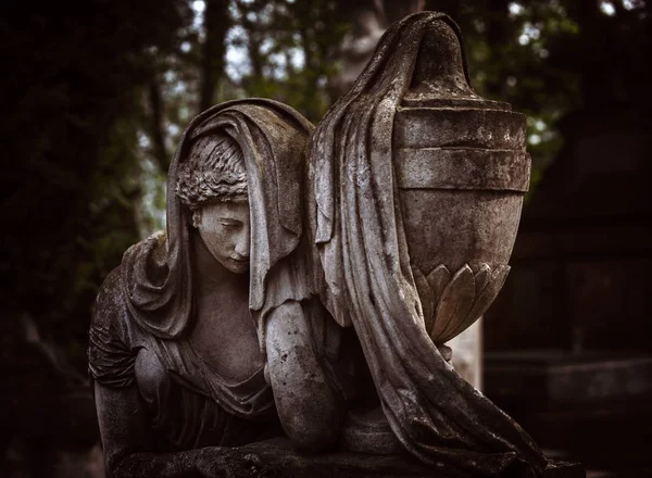 Antigua Estatua Tumba Cementerio Lychakivskyj Lviv Ucrania Imagen Vintage Look — Foto de Stock