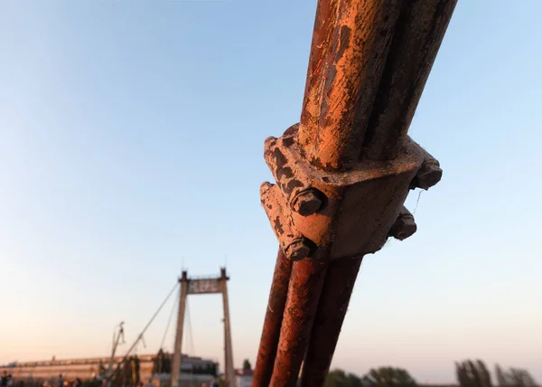 Kiev Ukraine May 2018 Rusty Fragment Cable Stayed Rybalsky Bridge — Stock Photo, Image