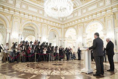 Kiev, Ukrayna - 29 Mayıs 2018: Ukrayna Cumhurbaşkanı Petro Poroshenko ve Federal Başkan, Federal Cumhuriyeti ile Almanya Frank-Walter Steinmeier Mariinsky Sarayı'nda bir toplantı sırasında